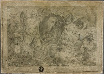 Oval portrettbyste holdt av allegoriske figurer av Unknown artist