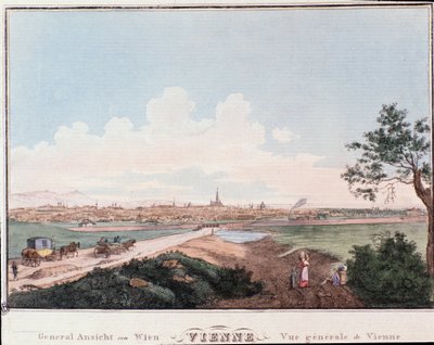 Oversikt over byen Wien med bro som krysser Donau. Østerrike Gravering fra 1830 privatsamling av Unknown artist