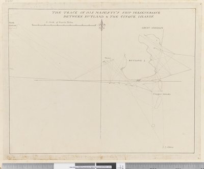Side 38b Sporet til Hans Majestets skip Utholdenhet mellom Rutland og Cinque-øyene (penn og blekk) av Unknown artist