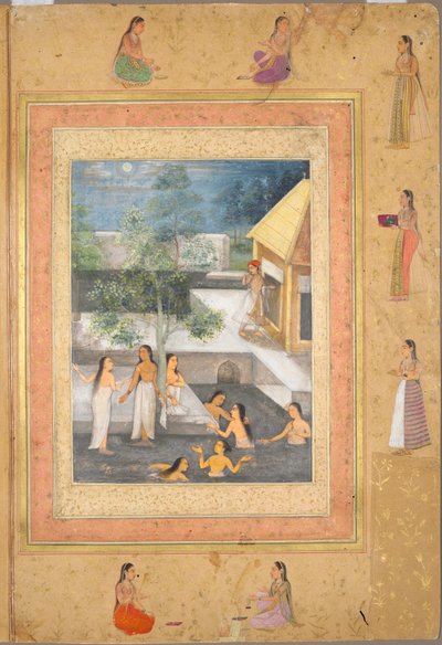 Side fra Late Shah Jahan-albumet: Harem Night-Bathing Scene (rekto) av Unknown artist
