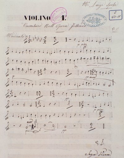 Side med partitur for den første fiolinen i ouverturen til operaen Jessonda av Louis Spohr av Unknown artist