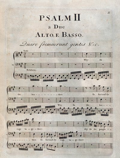 Side med andre salme i partituret til "" The psalms "" av Benedetto Marcello av Unknown artist