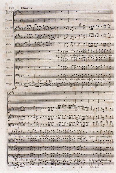 Side med partituret til refrenget "" Hallelujah"" i "The messiah"" (The messiah) av den naturaliserte engelske tyske komponisten George Frederick Handel (Georg Friedrich Handel) av Unknown artist