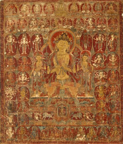 Malet banner (Thangka) av Bodhisattva Manjushri med Vajrapani (høyre) og Padmapani (venstre) av Unknown artist