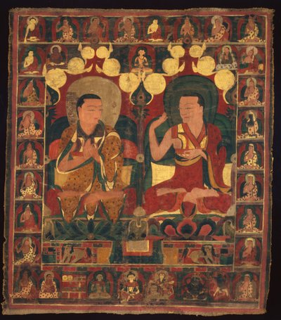 Malt banner (Thangka) av avstamning Maleri av to lamaer i debatt av Unknown artist