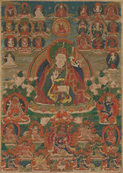 Malt banner (Thangka) av Sage Guru Padmasambhava sittende og holder en Thunderbolt (Vajra) og Skull Cup (Kapala) av Unknown artist