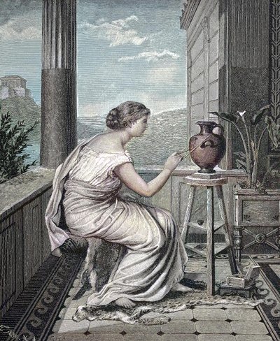 Maler, kunstner, ung gresk kvinne som maler en vase, historisk, digital reproduksjon av et originalt kunstverk fra 1800-tallet av Unknown artist