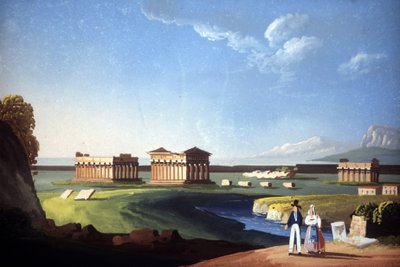 Maleri som viser templene til Paestum, nåværende Capaccio. av Unknown artist