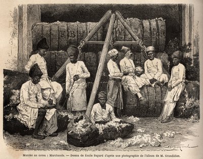 Parsi-forhandlere og -kjøpmenn på bomullsmarkedet i Bombay. Gravering for å illustrere reisen i meridionalprovinsene i India, av Alfred Grandidier, i 1862-1864, publisert i "" Le tour du monde""" 1869, redigert av Edouard Charton, utgave Hachette, Par av Unknown artist