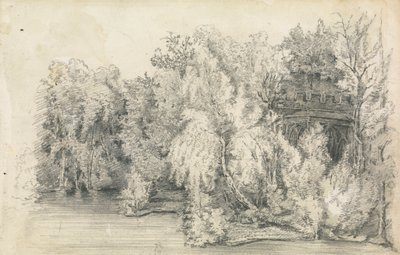En del av en bygning omgitt av en skog av Unknown artist