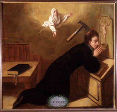 Pastor, en øks plantet i hodeskallen, reddet av Saint Anne i bønn - Ex-Voto Sainte Anne d'Auray (olje på lerret) av Unknown artist