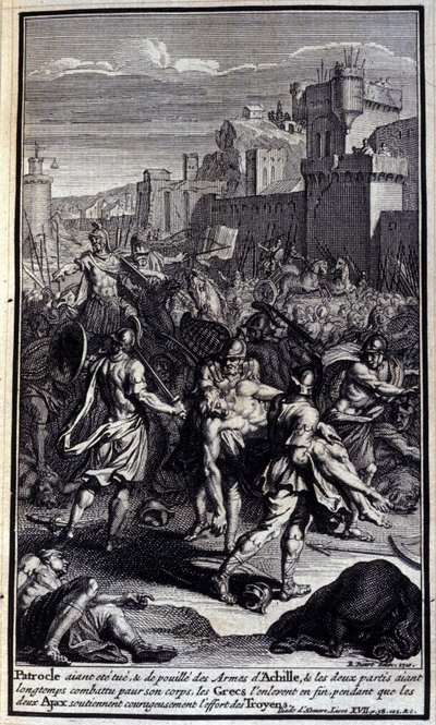 Etter at Patrocle ble drept og fratatt Achilles sine våpen, og de to partene lenge hadde kjempet for kroppen hans, tok grekerne den til slutt bort mens de to Ajaxene modig støttet trojanernes innsats; Illustrasjon av bok XVII av Iliaden av av Unknown artist