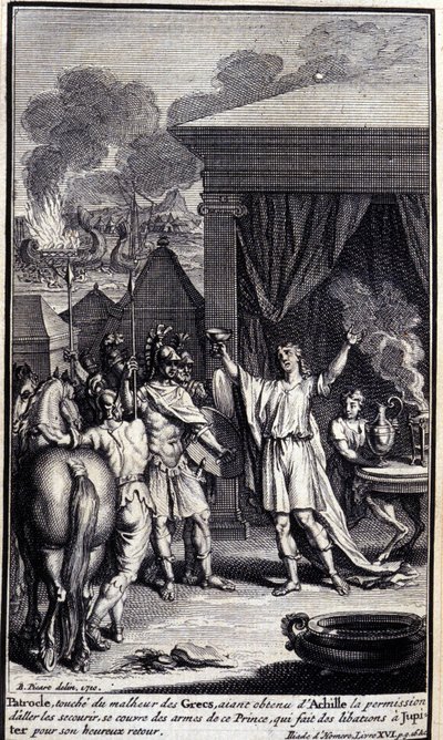 Patroclus, berører grekernes ulykke, etter å ha fått tillatelse fra Achilles til å gå og redde dem, dekker seg med våpnene til denne prinsen, som gir drikkepenger til Jupiter for hans lykkelige retur. Illustrasjon av bok XVI av Iliaden til H av Unknown artist