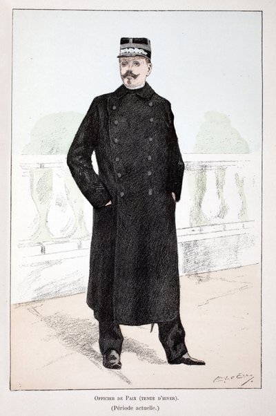 Fredsoffiser, vinterkjole (Lepinetiden). Etsning i farger, for illustrasjon "" Histoire du corps des gardes de la paix""" bok utgitt i regi av Louis Lepine (1846-1933), prefekt for politiet på Seinen, av Alfred Rey (1864-?) og Lou av Unknown artist