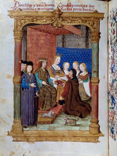 Pedro Marcuello presenterer boken sin for kong Philip I av Hasburg kjent som den vakre (1478-1506) og dronning Joan Iere the Folle av Castilla (1504-1555). Miniatyr i "" Andakt om dronningen Da Juana som de kalte den gale kvinnen"" av Pedro Marcuello av Unknown artist