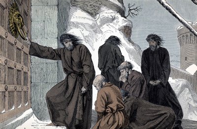 Bot til Henrik IV av Tyskland i Canossa - Den tyske keiser Henrik IV (1050 - 1106) a Canossa (Bod til den hellige romerske keiser Henrik IV, Canossa, Italia, januar 1077. Henrik står barbeint i snøen, iført hårskjorte , for å overtale P av Unknown artist