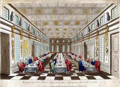 Perspektiv utsikt over Salle des Festins de Versailles i feiring av fred i 1763 mellom Storbritannia, Frankrike og Spania. av Unknown artist