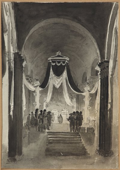 Peter og Paul katedraldekorasjon til begravelsesseremonien for Peter III og Katarina II - Anonym. Penn, pensel, akvarell, blekk på papir av Unknown artist