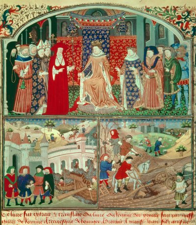 Philippe the Bel trunant (1268-1314) med pløyescene og handelsscene. Miniatyr i "" Livre du régime des princes"" av Gilles de Rome (v.1247-1316), Paris, B N av Unknown artist