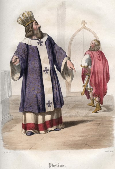 Photios I (Photius, Fotios) (810-893), patriark av Konstantinopel, utviste den bysantinske keiseren Basil I den makedonske (813-886) fra kirken etter drapet på keiser Michael III i 867. av Unknown artist