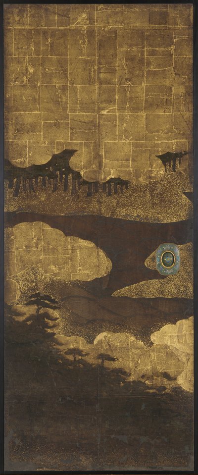 Furutrær, vann og skyer av Unknown artist