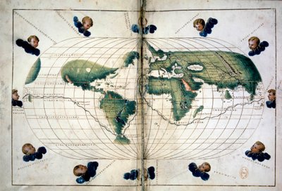 Planisfære (eller verdenskart). Geografisk kart fra Atlas of Battista Agnese (1500-1564), ca. 1543. Paris, B.N. av Unknown artist