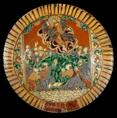 Plate i lakkert jord som representerer Kristi himmelfart. 1752. Sevres, Nasjonalmuseet for keramikk av Unknown artist