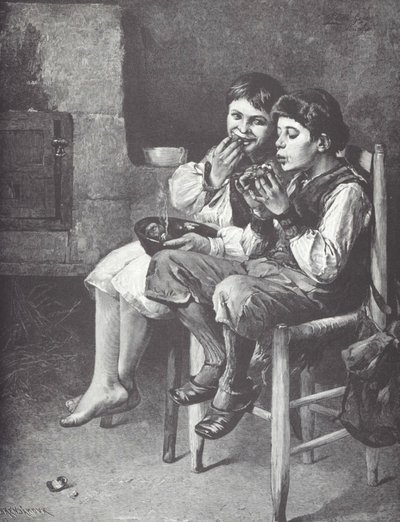 Fattige gutter som spiser, sent på 1800-tallet (tregravering) av Unknown artist