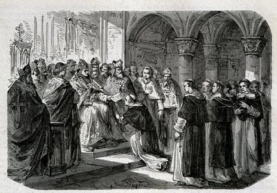Pave Adrien II (792-872) overleverte til en av sine legater en boble av ekskommunikasjon mot Lord Normand. Gravering - i "" Pavenes historie"", sd. 1800-tallet. av Unknown artist