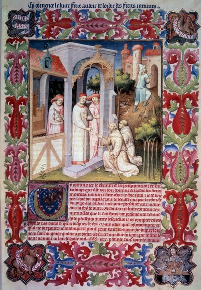 Pave Johannes XXII betror Odoric av Pordenone (franciskansk) oppdraget med å evangelisere Oversjøisk hav. Menn som leder rapphøns til Trabzon. Våpen og emblem til Jean Without Fears. Jean de Berrys våpen. Miniatyr i "" Itinerarium. Underverkenes bok", av Unknown artist