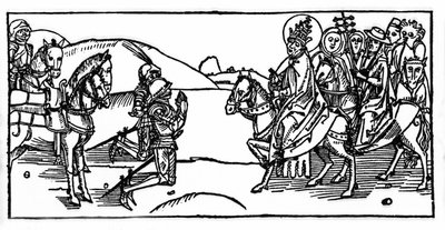 Pave Leo I møter Attila og stopper ham - Gravering fra "Leben der Heiligen - sommerteil" (Helgenboken) av Jacobus (James) av Voragine (1228-1298). Lübeck 1488. av Unknown artist