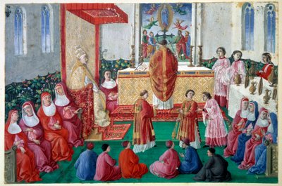 Pave Sixtus IV (1414-1484) deltar i messen i Det sixtinske kapell ved Vatikanets miniatyrdecoupé på 1400-tallet. Søn 0,1x0,16 m Chantilly, musee Conde av Unknown artist
