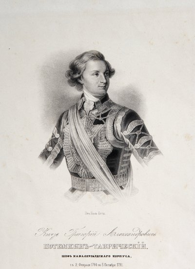 Portrett av Grigory Aleksandrovich Potemkin eller Potiomkin (Prins Grigory Aleksandrovich Potemkin-Tavricheski (Potemkin Tavricheski) (1739-1791), russisk soldat og regjeringsmann - gravering fra slutten av 1700-tallet av Unknown artist