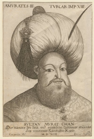 Portrait de Mourad III (1546-1595), sultan ottoman - Murad III (1546-1595), Sultan fra det osmanske riket - Anonym - 1593 - Etsning - 18,5x12,3 - Privat samling av Unknown artist