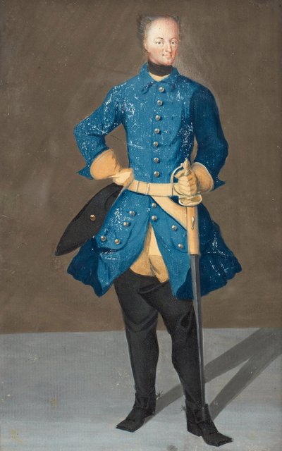 ""Portrett av kong Karl XII av Sverige"" (Portrett av kong Karl XII av Sverige (1682-1718)) Akvarell og gouache anonym rundt 1710 Dim 20x13 cm Privat samling av Unknown artist