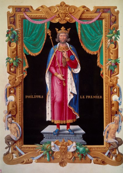 Portrett til fots av kongen av Frankrike Filip I (1052-1108). Miniatyr i "" Samling av kongene av Frankrike"" av Jean du Tillet av Unknown artist