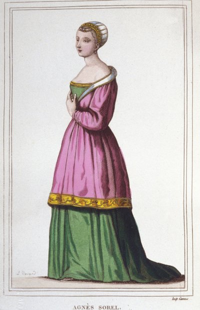 Portrett av Agnes Sorel (1422-1450) (Lady of Beaute sur Marne) (Beaute-sur-Marne). Favoritt til kong Charles VII. gravering fra 1830 av Unknown artist