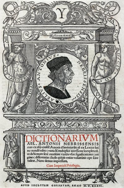 Portrett av Antonio Martinez de Cala sa Antonio de Nebrija (1441-1522) spansk humanist og grammatiker. Guardpage av hans ordbok, utgitt i 1536. Nasjonalbiblioteket i Madrid. av Unknown artist