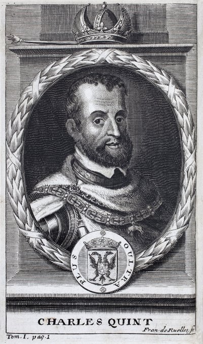 Portrett av Karl V (1500-1558), konge av Spania og Spansk Amerika, konge av Sicilia og keiser av Det hellige romerske rike germansk (1519-1556). Gravering for å illustrere "History of the War of Flanders", av Flamianus Strada, utgave Joseph T
