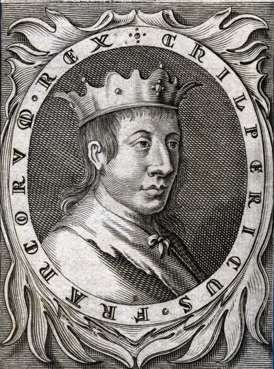 Portrett av Chilperic II (v. 670 - 721), konge av Neustria. 1700-talls gravering. av Unknown artist