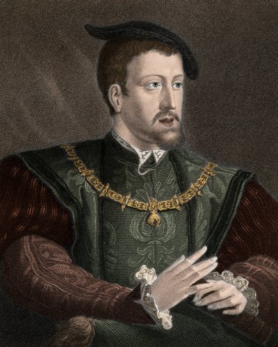Portrett av keiser Charles V (1500-1558) med halskjedet av Order of Golden Fleece - Charles V (1500-1558) bærer kjeden av Order of the Golden Fleece rundt halsen - gravering - 1800-tallet av Unknown artist