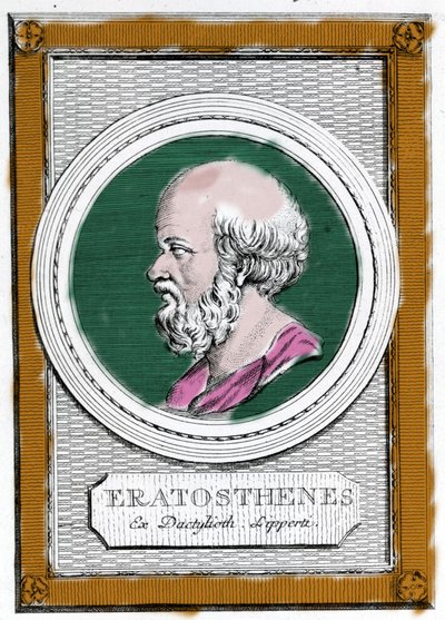 Portrett av Eratosthene av Kyrene (ca. 284 f.Kr. - 194 f.Kr.), gresk vitenskapsmann, geograf og poet. Han var direktør for Alexandria-biblioteket og regnet ut målingen av den jordiske meridianen. Portrett av etterpå: "Galleria degli antichi greci e romani" av Unknown artist