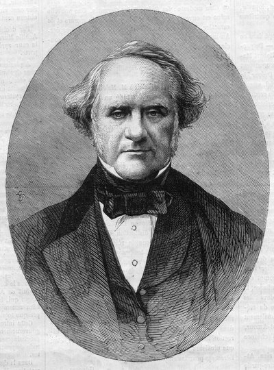 Portrait of George Peabody (1795-1869) entrepreneur and philanthropist founder of the Peabody Institute Conservatory of Johns Hopkins University in Maryland, United States. Engraving in “” The Illustrious Universe”” av Unknown artist