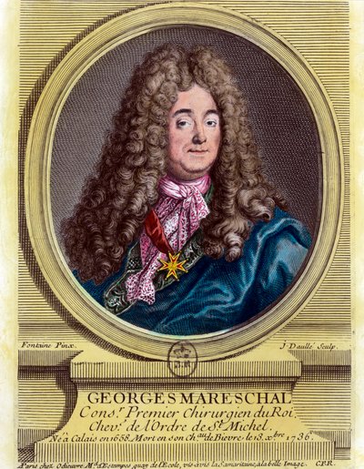 Portrett av Georges Marechal (1658 - 1736), kongens første kirurg fra 1703 - 1719. Gravering fra 1700-tallet. Privat samling. av Unknown artist