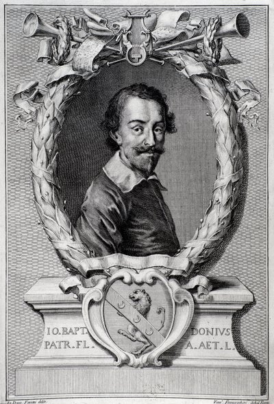 Portrett av Giovanni Battista Doni (1596-1647) italiensk musikolog Gravering fra frontispice av "Lyra Barberin"" av Unknown artist