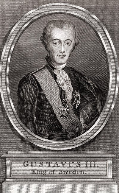 Portrett av Gustave III (1746-1792), konge av Sverige fra 1771 til 1792, gravering av 1787 "" Collection to the Soldiers of Yesteryear"" av Unknown artist