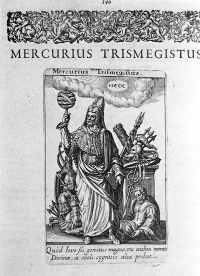 Portrett av Hermes Trimigiste (Trismegiste) (Trismegistus), astrolog, ideelt portrett fra en avhandling av Jacques Boissard ""De divinatione et Magicis"" 1605. av Unknown artist