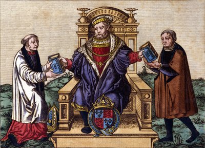 Portrett av kong Henry VIII av England (1491 - 1547) på sin trone, og sender ut Bibelen til to hoffmenn. Fargegravering. av Unknown artist