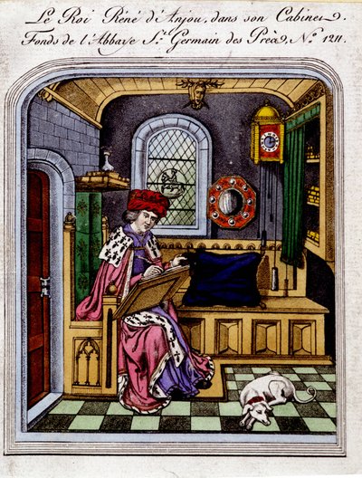 Portrett av kong Rene av Anjou (1409-1480)”” kaller også Rene I av Napoli eller Rene av Sicilia, i sitt kabinett - gravering etter en miniatyr av Unknown artist