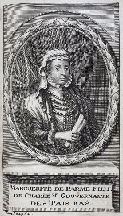 Portrett av Margarita av Parma (eller Margarita av Østerrike) (1522-1586), hertuginne av Parma og Piacenza, naturlig datter av Charles V (1500-1558) og guvernør i Nederland (Nederland) fra 1559-1581. Gravering for å illustrere "History of the War of Fla av Unknown artist
